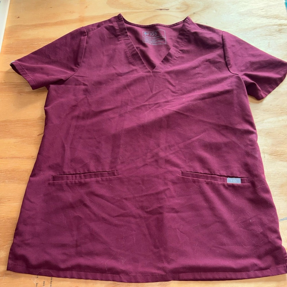 Figs Casma Scrub Top Womens Large Burgundy 3 Pocket Short Sleeve Medical
